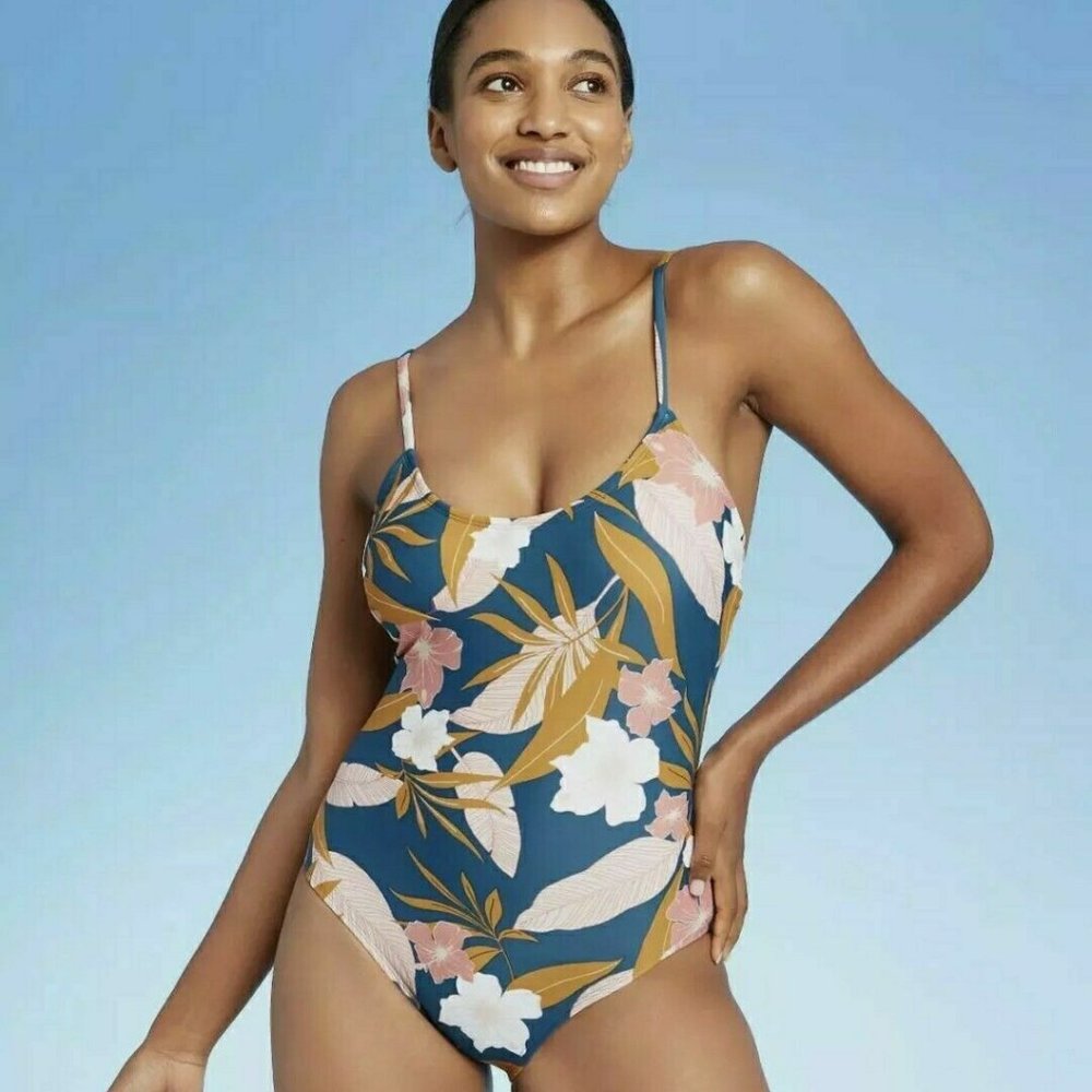 Kona Sol Women's One Piece Swimsuit Criss Cross Back Lagoon Print Sz Med (8-10)